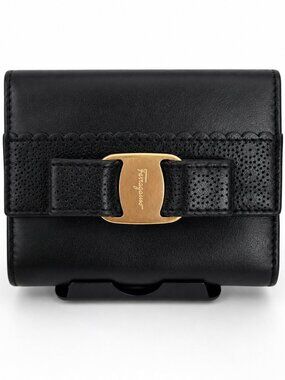 Salvatore Ferragamo Gancini Black Leather Wallet Gold Hardware Authentic